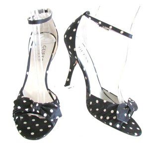 Guess Black/White Fabric Polka Dot Open Toe Ankle Strap Designer Sandals 8.M